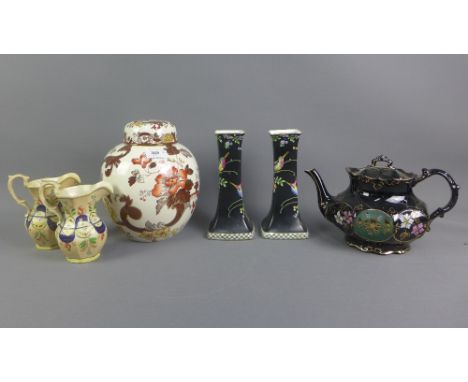 Mixed lot of Staffordshire pottery to include a Mason's Brown Velvet ginger jar and cover, a pair of Cetem Ware black glazed 