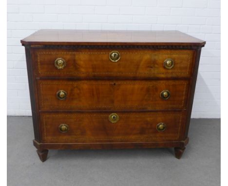 19th century mahogany and chequer banded commode, the top centred by an oval inlaid paterae, with three graduating long drawe