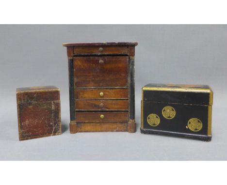 Miniature mahogany veneered escritoire and two playing card boxes - one lacquered the other mahogany (3) 