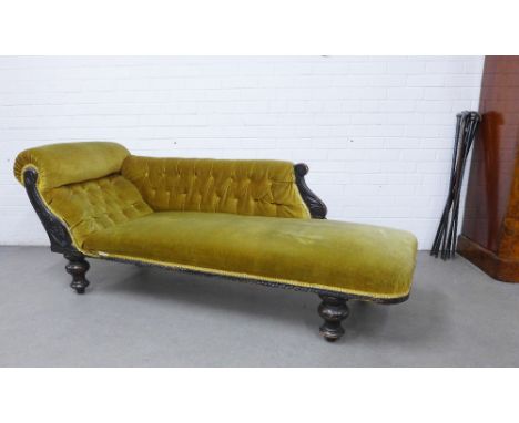 Late 19th / early 20th chaise longue with button back upholstered sloping back and carved ebonised legs,  185 x 77 x 63cm 