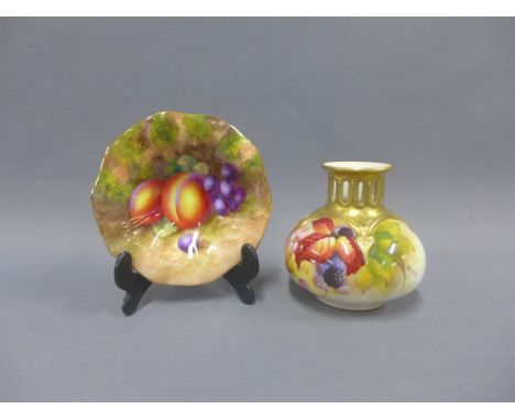 Royal Worcester fruit painted vase by K. Blake with pierced and gilded rim, 10cm,  together with a Royal Worcester fruit pain