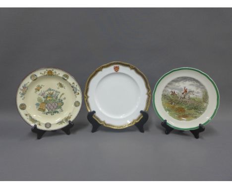 Copeland's Spode 1920's Hunting pattern plate, Wedgwood chinoiserie plate and a porcelain armorial plate, (3) 