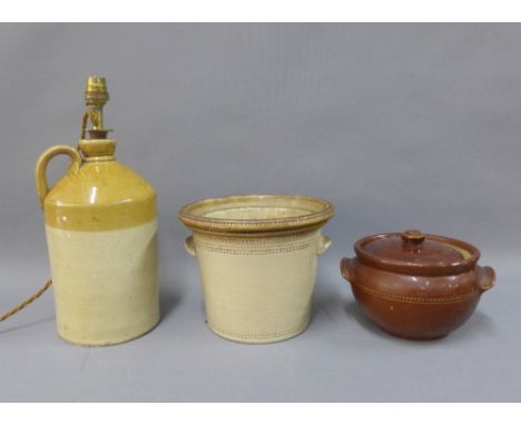 Stoneware flagon converted to a table lamp and two stoneware  pots, (3) 