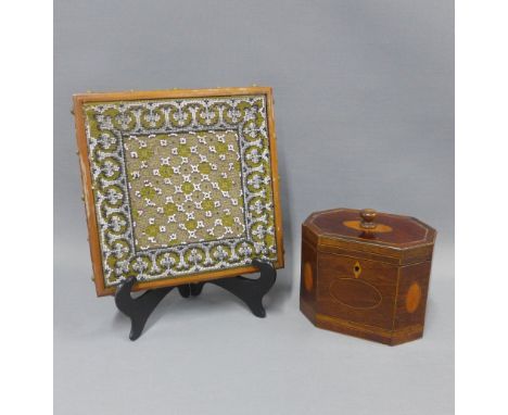 19th century mahogany and inlaid tea caddy and a Victorian square stand with a beadwork top, (2)