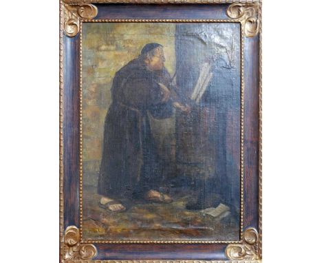 A 19th century portrait of a monk playing the violin, canvas laid down on board, framed, 75 x 54cm 