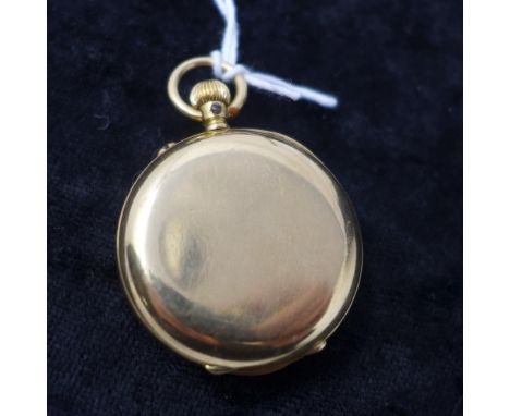 A 18ct yellow gold ladies open faced pocket watch, the white enamel dial with Roman numerals and gilt detailing, dial dia: 3c