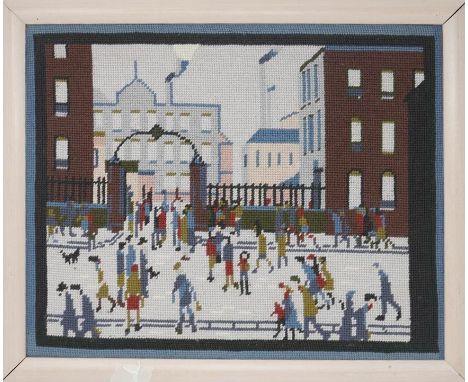 A framed tapestry after L. S. Lowry, The Mill Gates, H.35 W.44cm 
