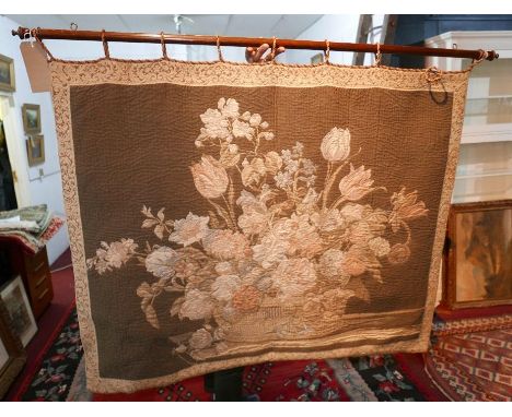 A late 19th/early 20th century floral tapestry hanging from mahogany pole, 92 x 117cm 