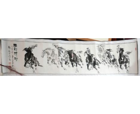A Chinese wall hanging scroll depicting horses togther with another of bamboo, and a print of blossoming branches, (3) 
