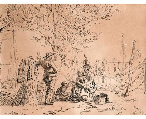 An ink sketch of fisher folk, attributed to Wilhelm Marstrand, Danish artist, H.19 W.24cm 