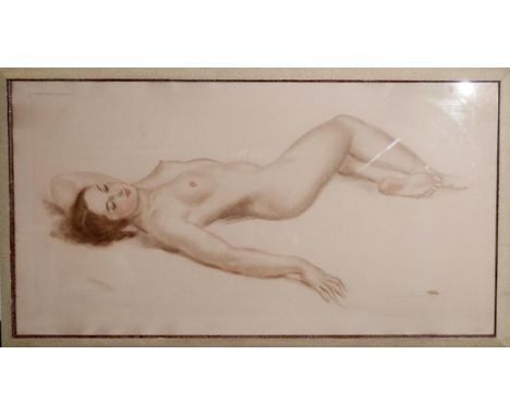 A framed and glazed print of a reclining woman, H.50 W.94cm 