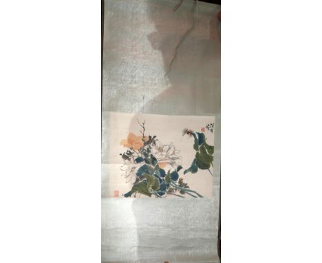 A Chinese wall hanging print of tuberoses by Jen Po-nien, boxed 