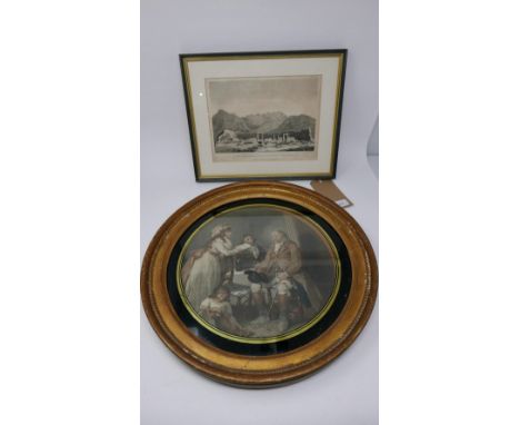 A print of an interior scene in a circular giltwood frame, Diameter 27cm, together with an engraving of titled 'Amphitheatre 