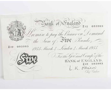 WHITE BANK OF ENGLAND £5 BANKNOTE
London 4th March 1955, serial number Z12 93983, black on white, value at bottom left, Crown