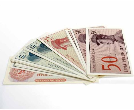 LOT OF BANK OF INDONESIA BANKNOTES
comprising four 50 Lima Puluh Sen notes dated 1964, three 25 Lima Puluh Sen notes dated 19