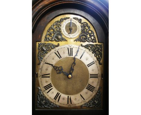 A good quality oak Grandmother clock, with chiming three train movement, the brass spandrilled dial having steel chapter ring