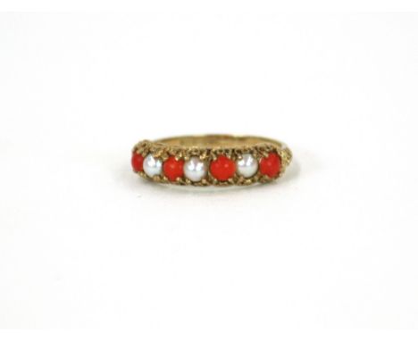 An 9ct gold pearl and coral dress ring 