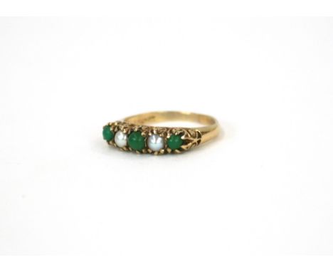 A 9ct gold pearl and green stone set ring 