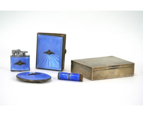 A WW2 period silver and enamel vanity set, comprising cigarette case and compact; a plated Ronson lighter all with RAF insign