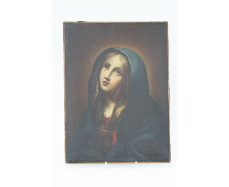 Early 19th Century school, study of a young lady in blue cloak, unsigned oil on canvas, 41cm x 30cm