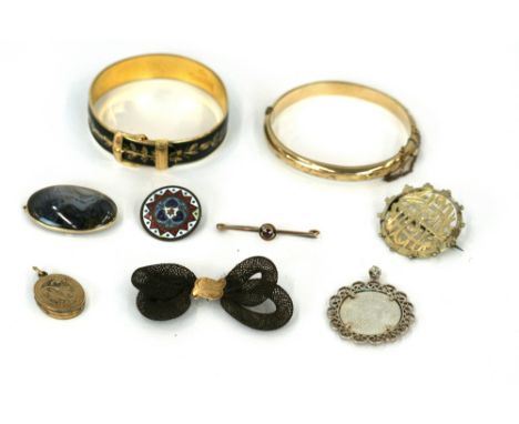 A yellow metal and woven hair bow brooch; a yellow metal and enamel bracelet; a rolled gold bangle; a 9ct gold bar brooch; a 