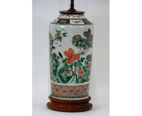 A 19th Century Chinese famille vert vase, with reduced neck (converted to a table lamp), lamp size 34cm high