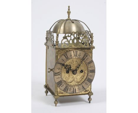 A 20th Century brass cased lantern clock, having eight day double fusee movement, 38cm high - see back cover illustration