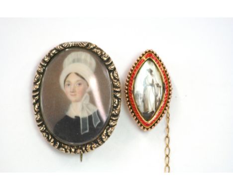 A Georgian oval portrait miniature, set into a yellow metal brooch mount with foliate and engine turned decoration; and a Geo