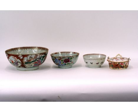 An 18th Century Chinese bowl, decorated figures and flowers on an orange scale ground AF, 28.5cm dia.; a famille rose bowl AF