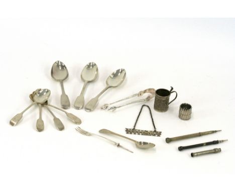 Three George IV silver "Fiddle" pattern dessert spoons; four Victorian teaspoons; a William IV bright cut teaspoon; silver pi