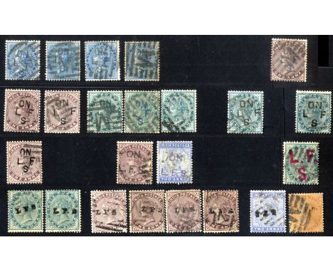 India. Local overprints/perfins. 1865-1912 range on SAFE leaves with 'ON L F S' overprints (15), 'L F S' overprints (9) and p
