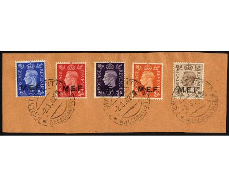 BOIC M.E.F. 1942 Nairobi the five values on piece, the 1d and 2d round stops, the 2_d, 3d and 5d square stops, with Asmara Ce