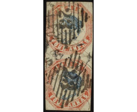 India. 1854 4a blue and red vertical pair from fourth printing, #s 13 and 19, cancelled '23' in barred diamonds and with a pa