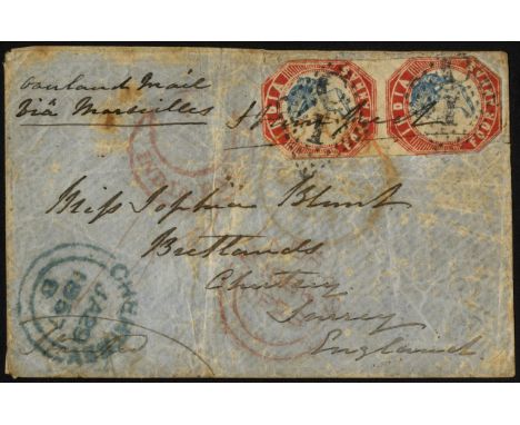 India. 1855 4a blue and red fourth printing, a vertical cut-to-shape pair tied to envelope from Madras to Surrey by '1' in lo