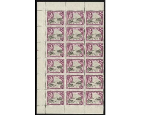 Jamaica. 1938-49 6d perf 12_ unmounted mint three left columns of sheet (eighteen stamps), R6/1 'exhaust pipe', a fine positi