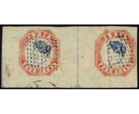 India. 1854 4a blue and pale red horizontal pair from first printing, a splendid pair with good to large margins all round, v