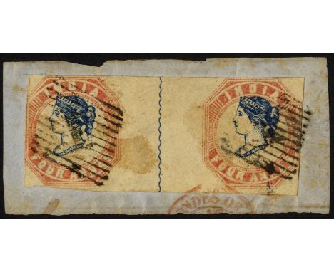 India. 1854 (dark) blue and pale red horizontal pair from first printing, on piece through which the watermark can be seen to