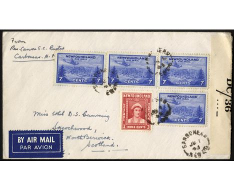 Newfoundland. 1941 3ct carmine with R5/9 damaged 'A', used on censored airmail cover to Scotland with four examples of the 7c