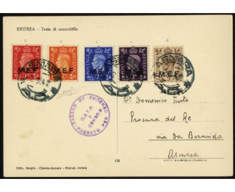 BOIC M.E.F. 1942 Nairobi set on postcard, 1d-3d round stops and the 5d square stops, Asmara CDSs of 2.3.42 (First Day), local