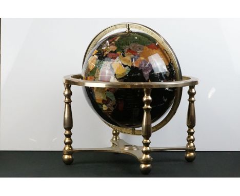 Black agate gemstone globe on a brass effect stand with compass inset to base, 330mm globe diameter, with original postal box