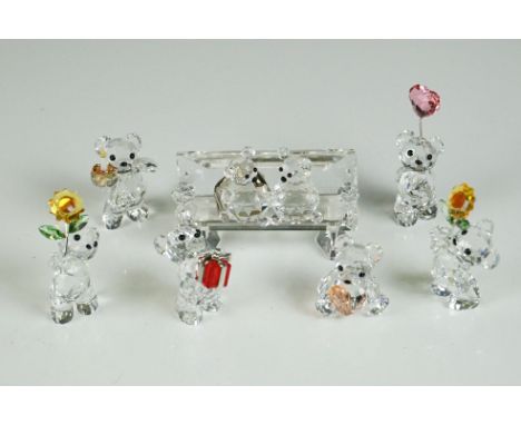 Six Swarovski Crystal Kris Bear ornaments including 2 bears holding sunflowers, ' Your Big Day ' bear holding a cake, ' I Lov