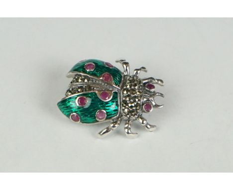 Silver and enamel ladybird brooch, set with rubies 