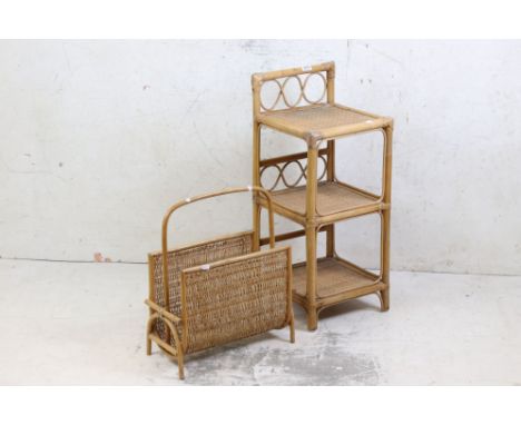 Bamboo and Wicker Three Tier Shelf, 33cm wide x 79cm high together with a Wicker and Bamboo Magazine Rack, 43cm wide x 50cm h