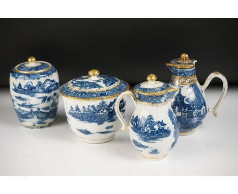 Caughley late 18th century blue and white ceramics, 4 items, to include a lidded milk jug in the ' Temple ' pattern, approx 1