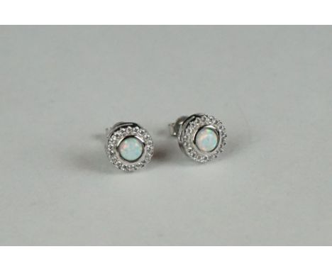 Pair of silver, CZ &amp; central opal panel stud earrings 