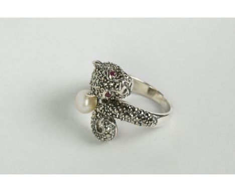 Silver and marcasite designer style ring in the form of a leopard with ruby eyes 