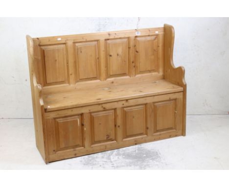 Pine Hall Bench, the box seat with hinged lid, 119cm long x 35cm deep x 89cm high 