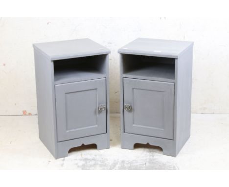 Pair of Grey Painted Bedside Cabinets, each with shelf above a cupboard, 36cm wide x 64cm high 