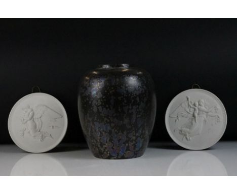 Poole Pottery Black Calypso lustre pattern ovoid vase, 21cm high, together with a pair of Royal Copenhagen Bisque ceramic wal
