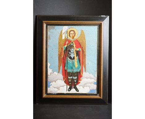 Ebonised framed ecclesiastical painting portrait of holy angel St Michael, 55cm x 45cm overall size 